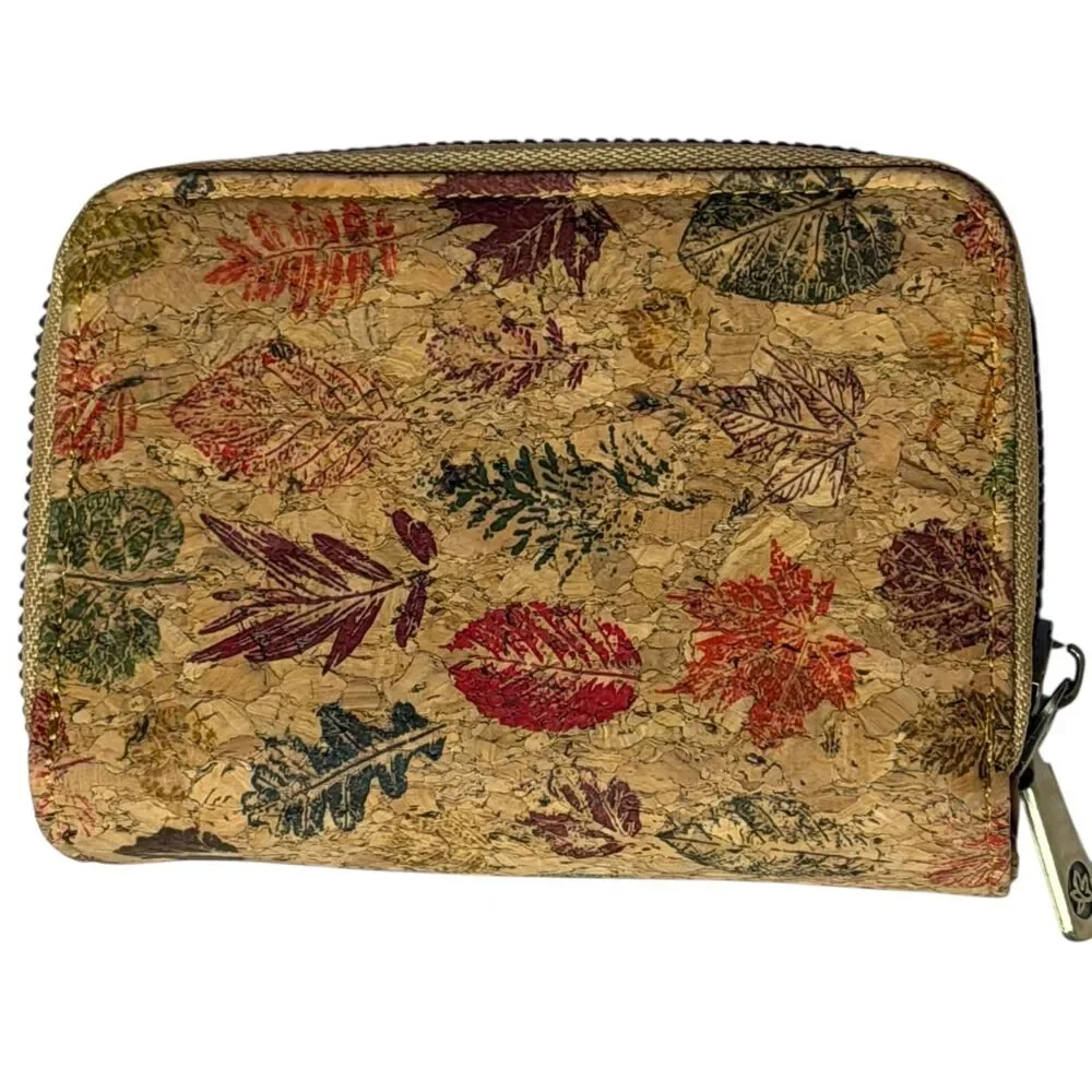 Cork Bifold Wallet Coin Purse Printed Leaf Retro Vegan Zip Around